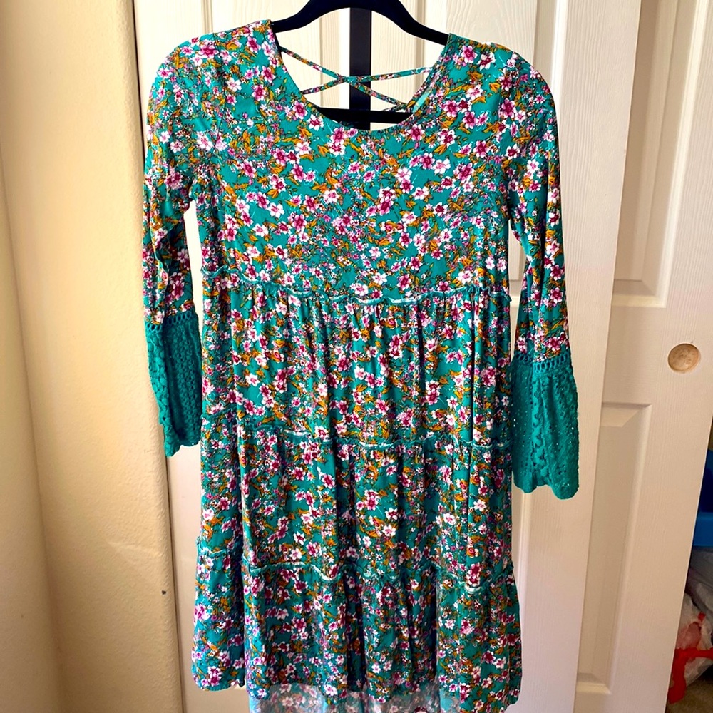 Green dress with mini pink flowers